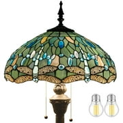 Werfactory 64" 2-Light Boho Antique Bronze Floor Lamp with Stained Glass Multicolor Dragonfly Dome