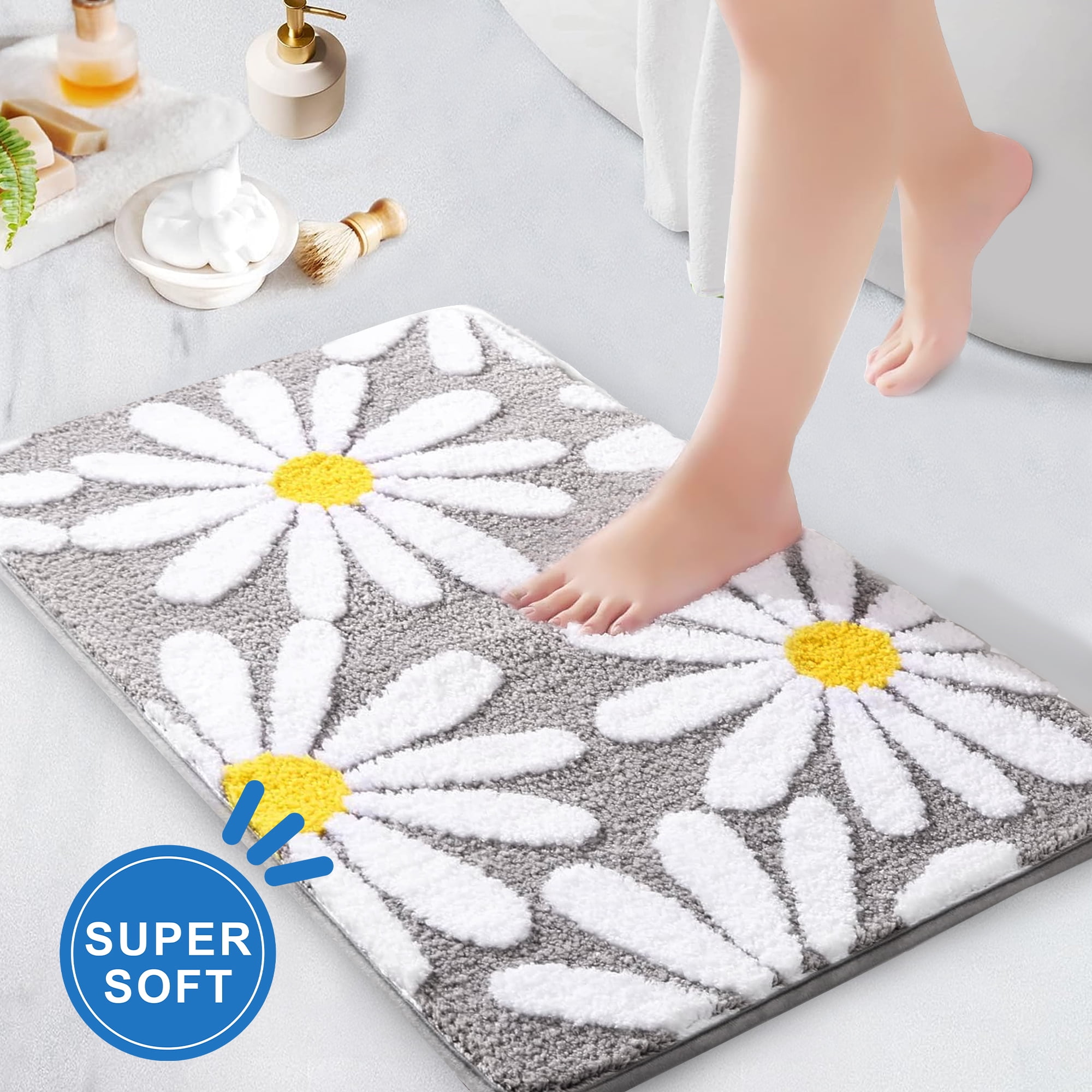 Wergifts Non-Slip Bathroom Rugs, 16" X 24", Washable, Absorbent, Soft Plush, Gray Daisy Bath ...