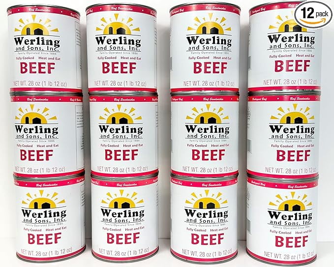Werling & Sons Canned Beef 28 oz – Fully Cooked, Heat & Eat | Shelf-Stable Canned Meat for Pantry, Camping, Hiking, Emergency Food Supply & Everyday Meals | Made in USA | 5-Year Shelf Life | 12 Pack