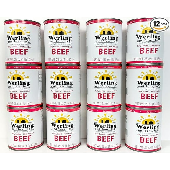 Werling & Sons Canned Beef 28 oz  Fully Cooked, Heat & Eat | Shelf-Stable Canned Meat for Pantry, Camping, Hiking, Emergency Food Supply & Everyday Meals | Made in USA | 5-Year Shelf Life | 12 Pack