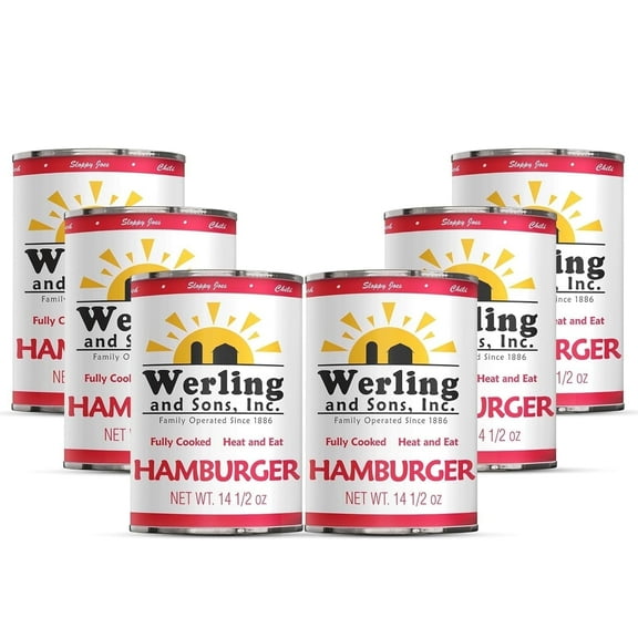 Werling & Sons Canned Hamburger 14.5 Oz Fully Cooked Ground Beef, Heat & Serve | 5-Year Shelf Life | Ideal for Emergency, Survival, Camping & Quick Meals | Pack of 6
