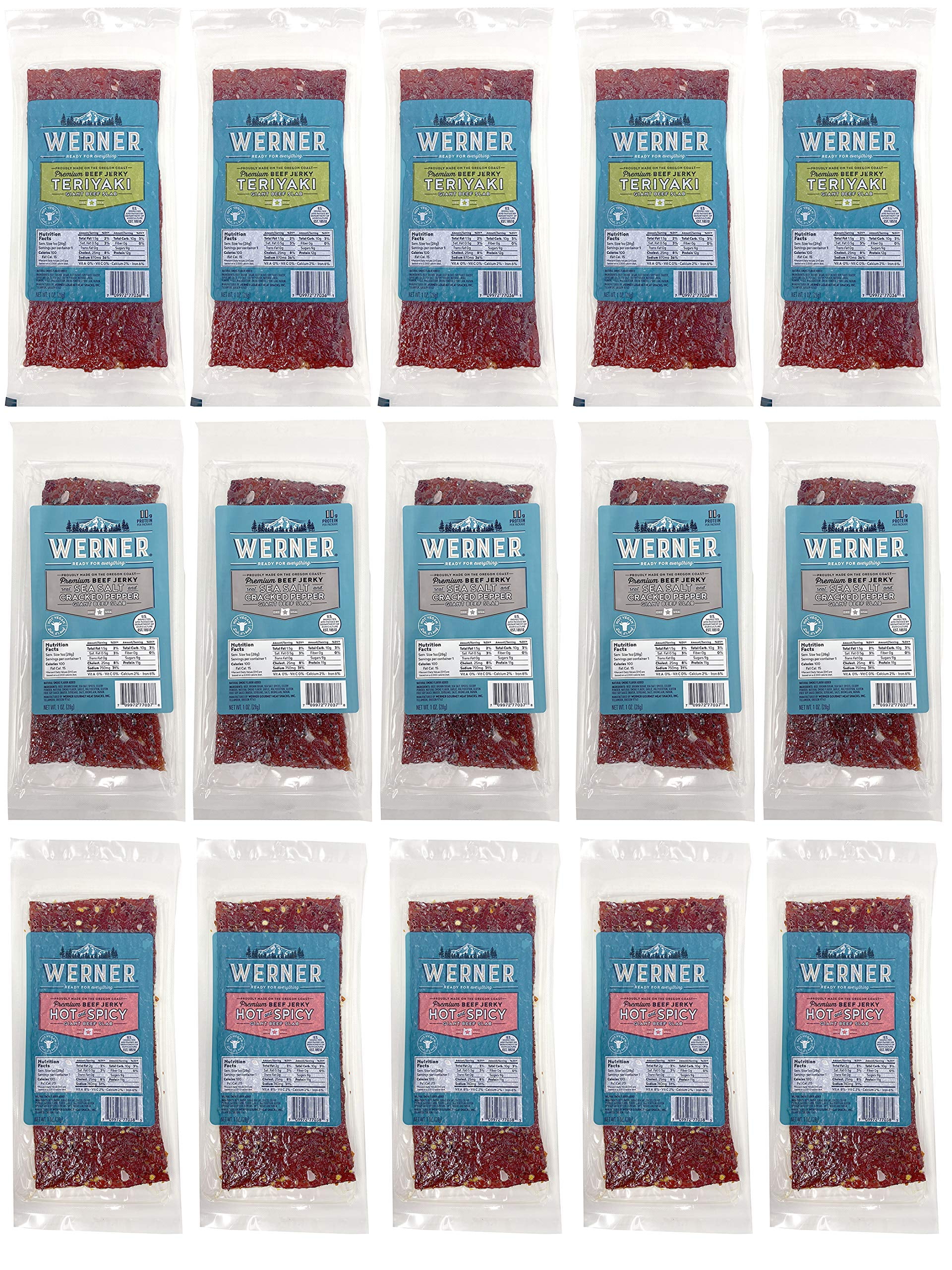 Werner Beef Jerky Slab JMS2 Variety Pack of 15 Teriyaki, Sea Salt and