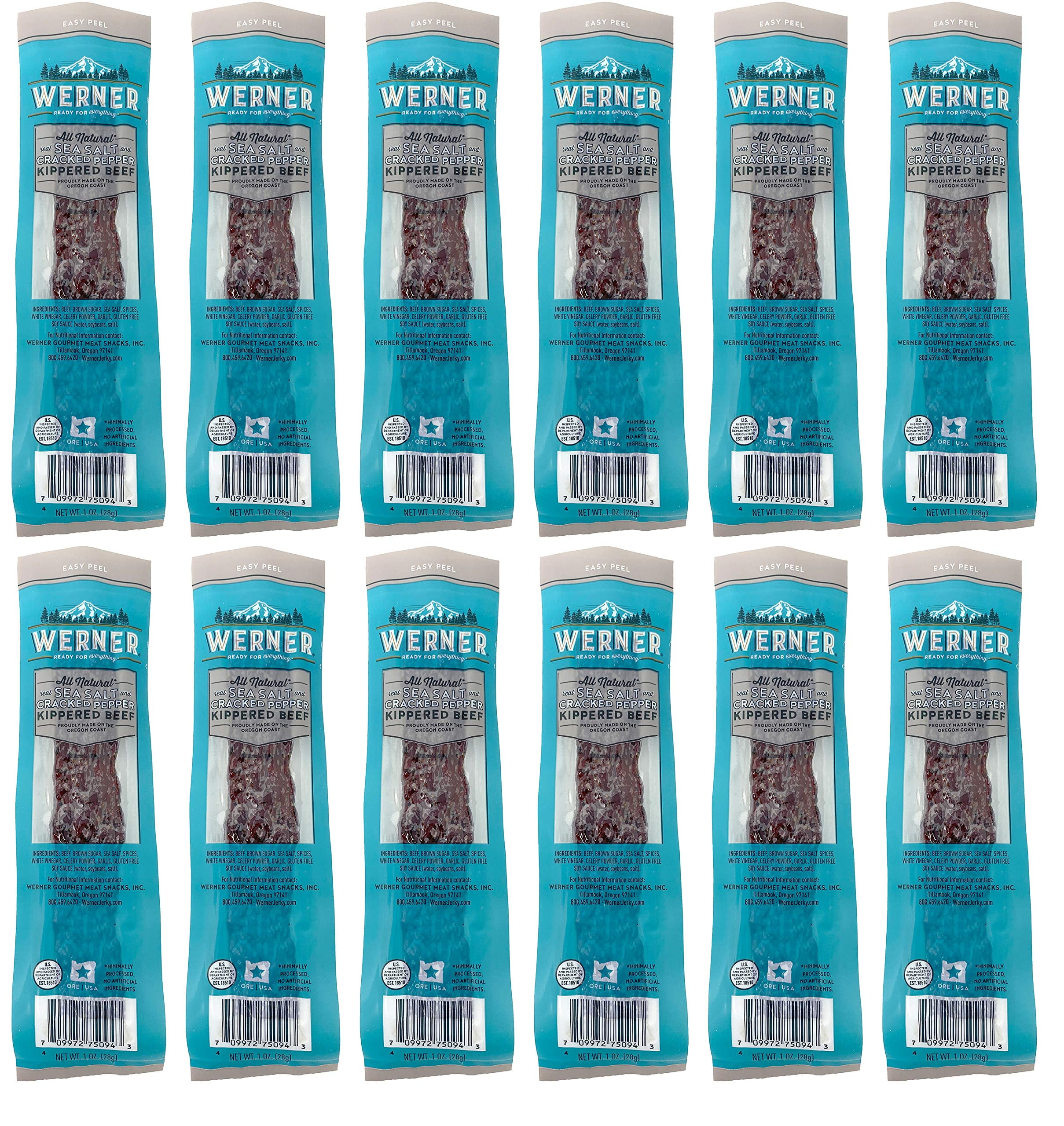 Werner Beef Steak Sticks STF9 Pack of 12 Beef Jerky Sticks, 1 Ounce (Sea Salt & Cracked Pepper