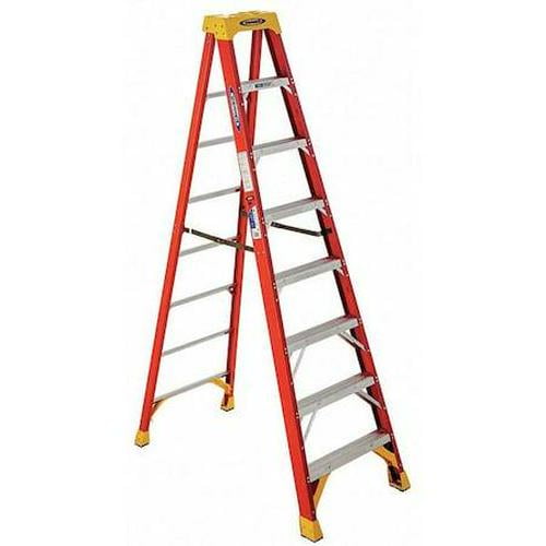 Werner Fiberglass Stepladder, 8 ft Ladder Ht, 7 Steps, 300 lb, 53 5/8 in Base Spread, 26 3/8 in Bottom W