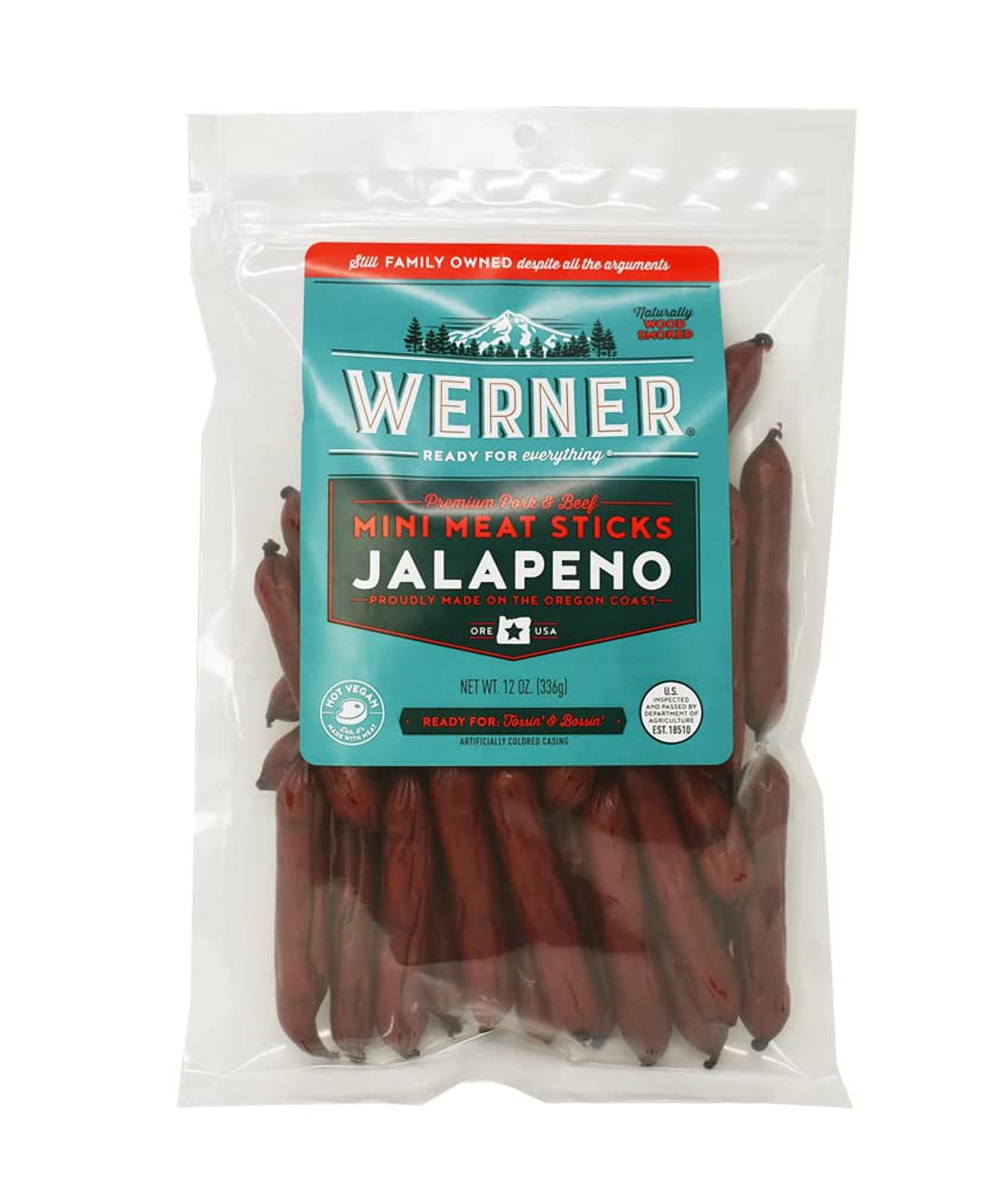 Werner Gourmet Meat Snacks, Jalapeno Mini Meat Sticks 12 Ounce â€“ Made in the USA, Resealable