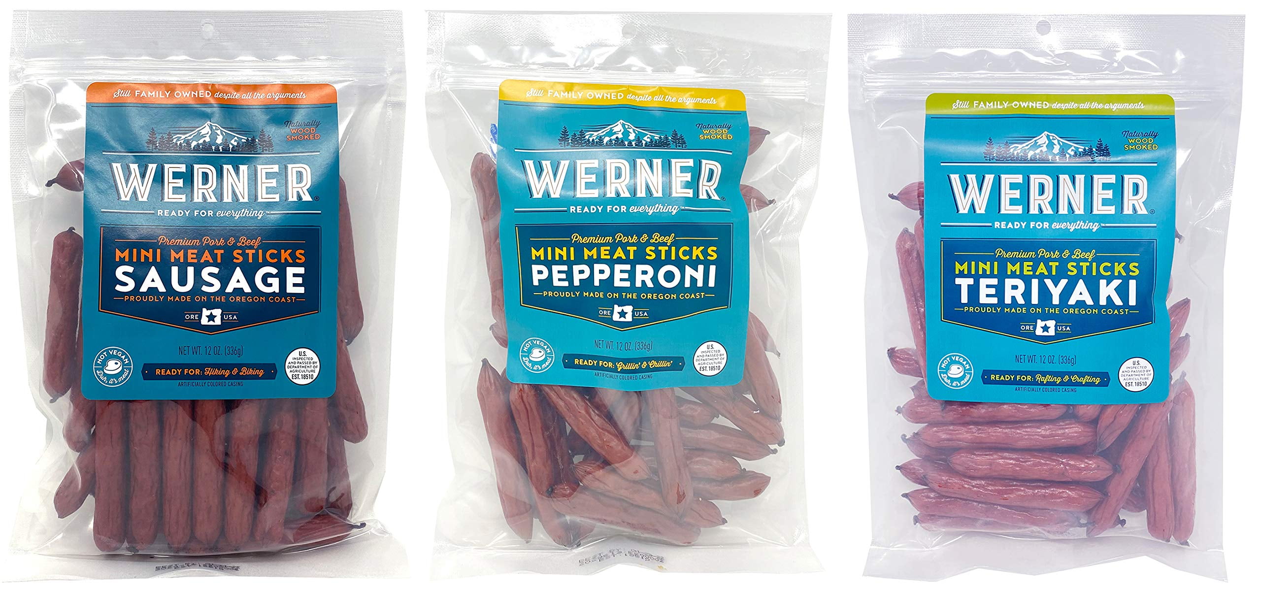 Werner Mini Sausage Sticks, MMF7 Pepperoni Sticks, Teriyaki Meat Sticks