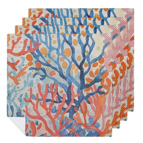 Werpe Cloth Napkins Set of 6, Corals Blue Stripes Orange Dots Polyester Reusable Machine Washable Fabric for Events Gift 2 PCS