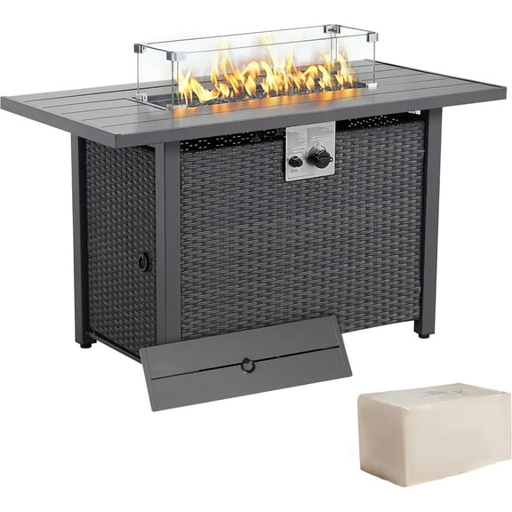Werph 43 In Gas Fire Pits Table for Patio,Fire Pit Table for Outside,Fire Table with Glass Window Protector,2 in 1 Outdoor Firepit Table with Lid and Glass Crystal Stone, Propane Fire Pit Table,Black
