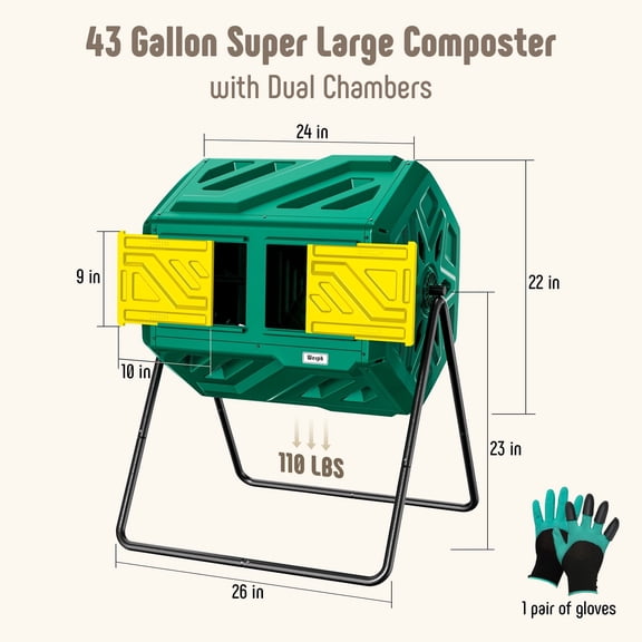 Werph Compost Bin Dual Dual Chamber Compost Tumbler, 43 Gallon Compost Tumbler Outdoor with 2 Sliding Doors, Heavy Duty Tumbling Rotating Composter Bin