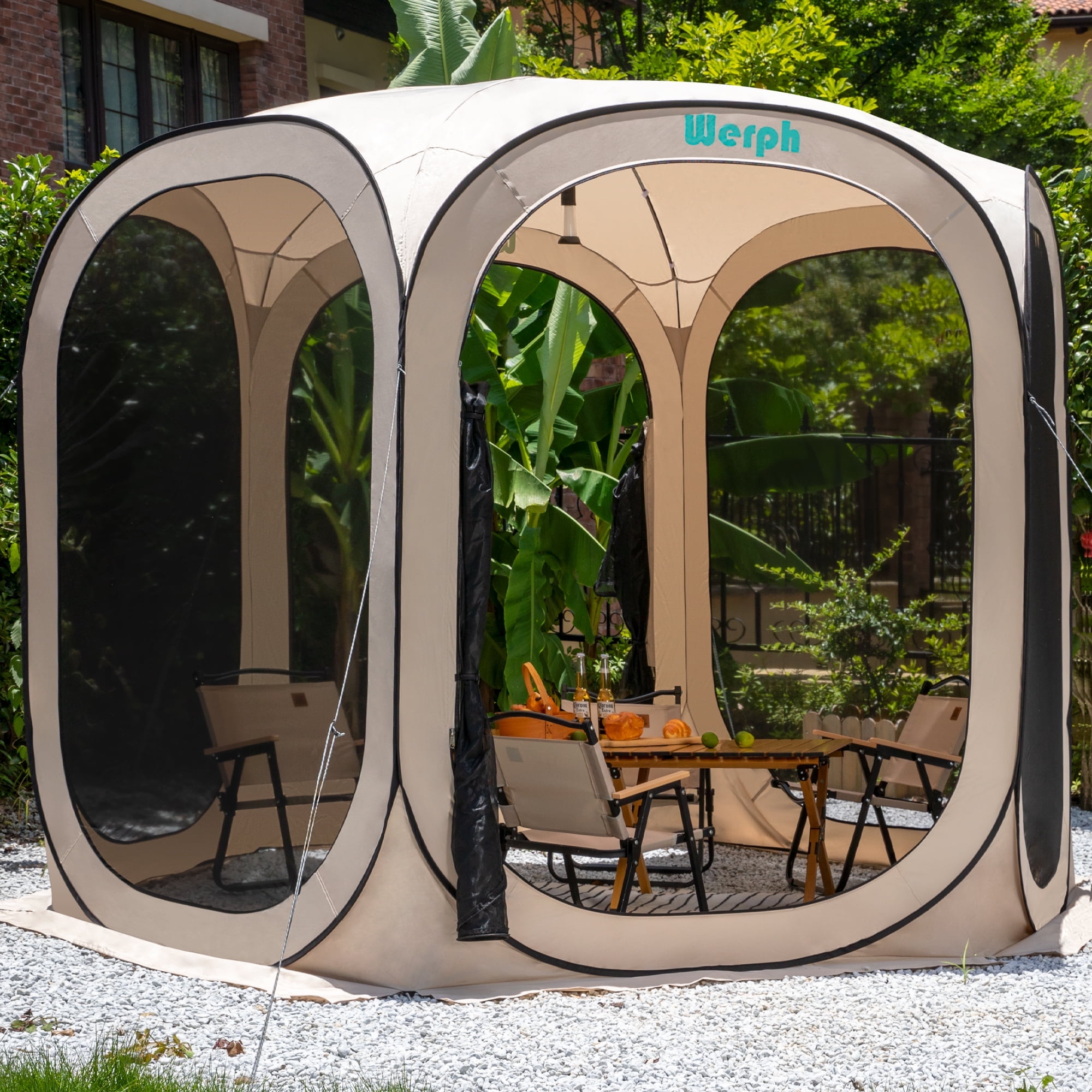Werph 10' x 10' Beige Portable Pop-Up Canopy Tent with Mesh Mosquito Net