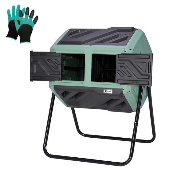 Werph Updated 43-Gallon Dual-Chamber Compost Bin, Fast Assembly Outdoor Composter Tumbler, Rotating Batch Composter Bin with Gloves for Garden, Kitchen, and Yard,