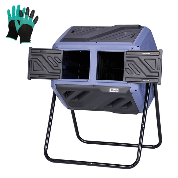 Werph Updated 43-Gallon Dual-Chamber Compost Bin, Fast Assembly Outdoor Composter Tumbler, Rotating Batch Composter Bin with Gloves for Garden, Kitchen, and Yard,