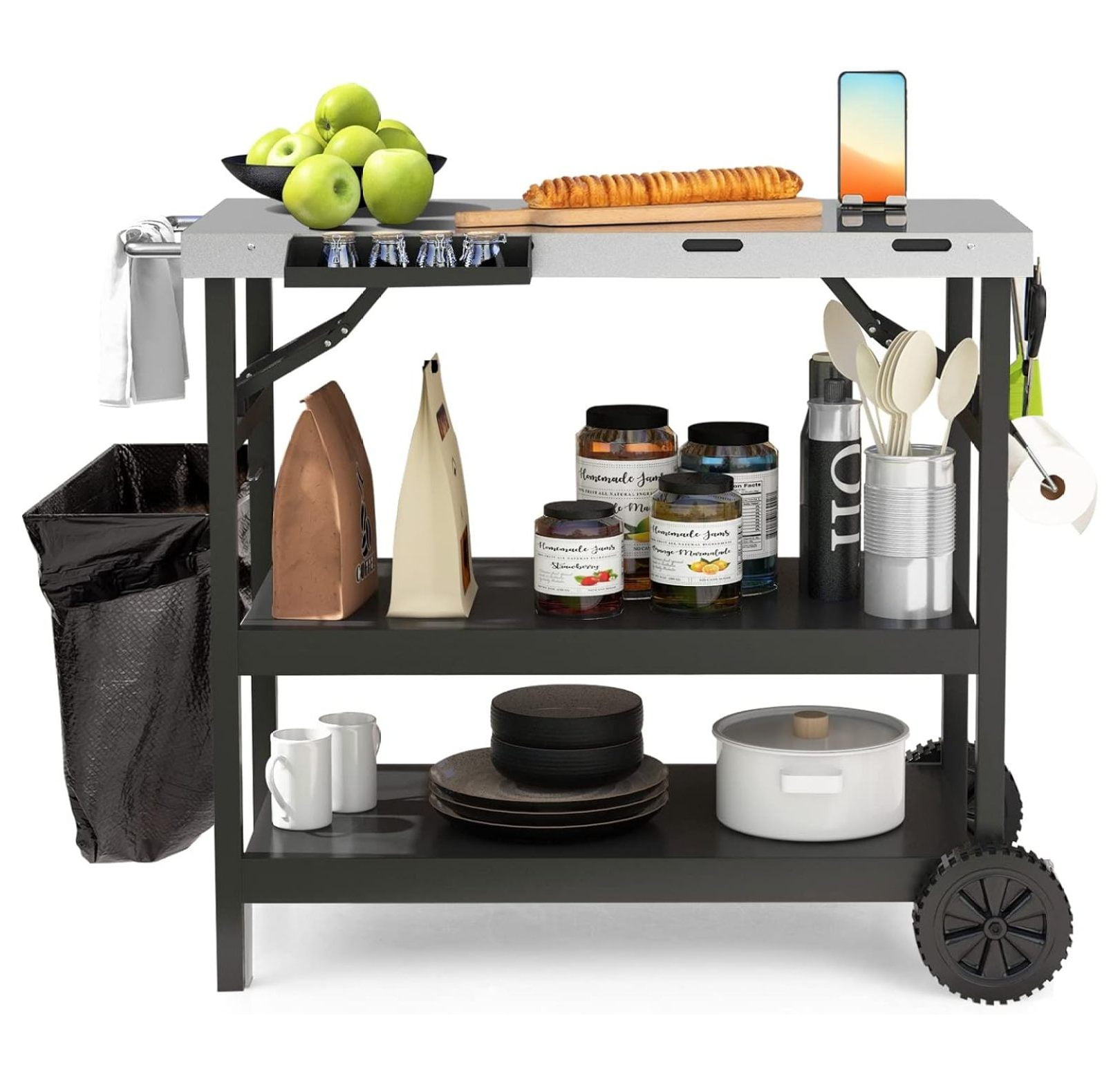 3-Shelf Black and Silver Outdoor Grill Cart with Stainless Steel Top