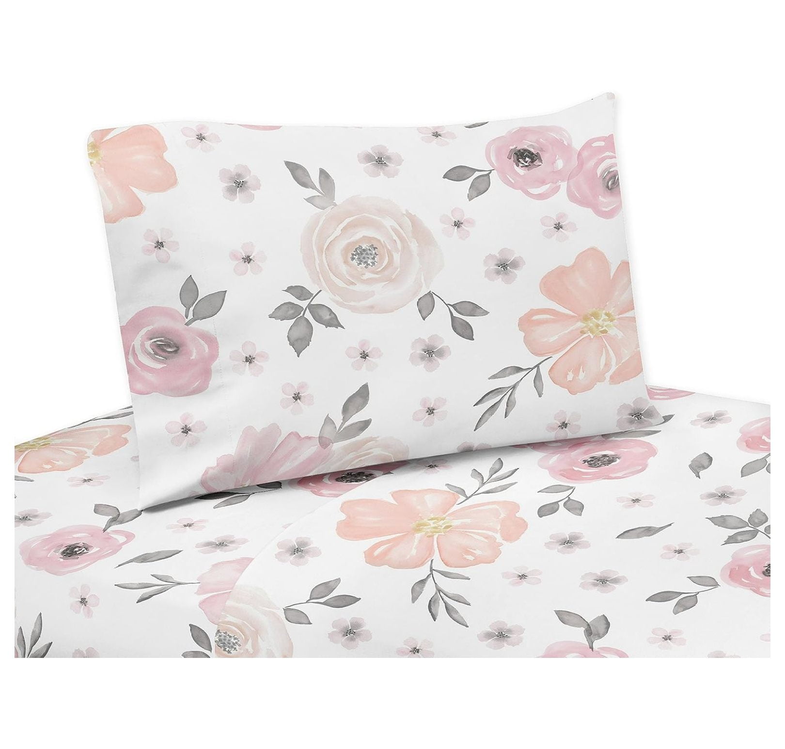 Blush Pink and Grey Floral Microfiber Queen Sheet Set