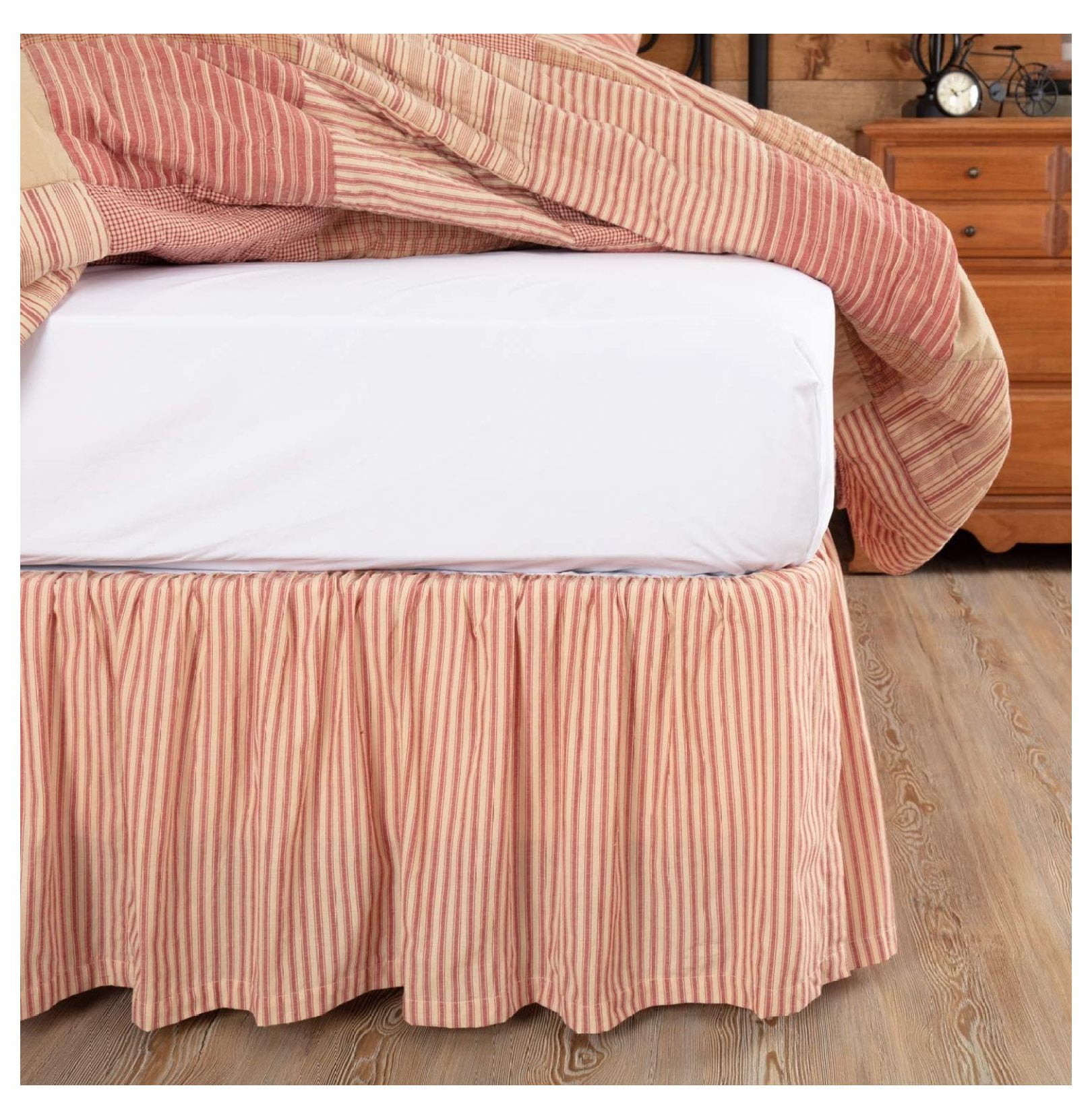 Queen Red and Tan Cotton Ticking Stripe Bed Skirt