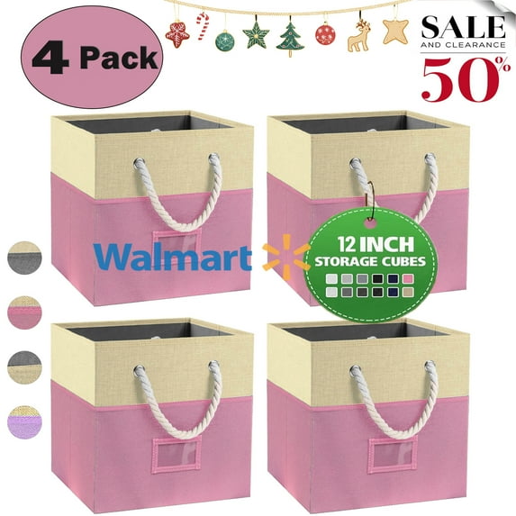 Werseon 12" Foldable Fabric Storage Cubes Bins, 4 Pack Cube Storage Bins with Rope Handles & Label Holder for Closet, Toy Storage, Shelves, Pink
