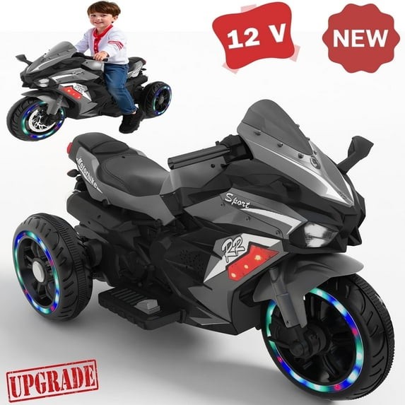 Werseon 12V Electric Motorcycle for Kids, 3-Wheel Ride On Motorcycle for 3-6 Years Old, Battery Powered Ride on Toy with LED Light Wheels, MP3, Bluetooth, up to 110lbs, Gray