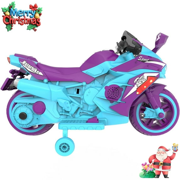 Werseon 12V Motorcycle Ride on Toy for Kids Ages 3+, Rechargeable Motorcycle with LED Light & Training Wheels, up to 90lbs, Purple and Blue