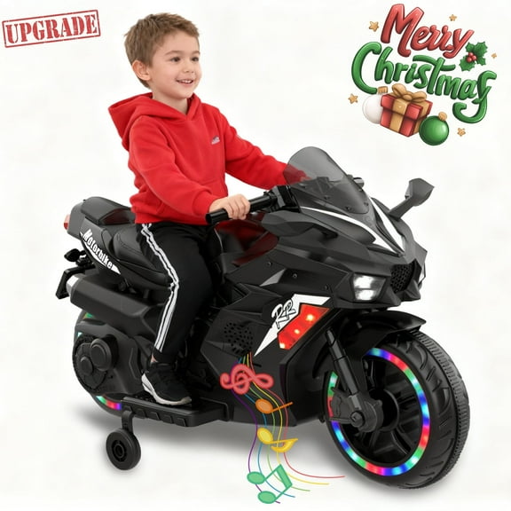 Werseon 12V Motorcycle Ride on Toy for Kids Ages 3+, Rechargeable Motorcycle with LED Light & Training Wheels, up to 90lbs, Black