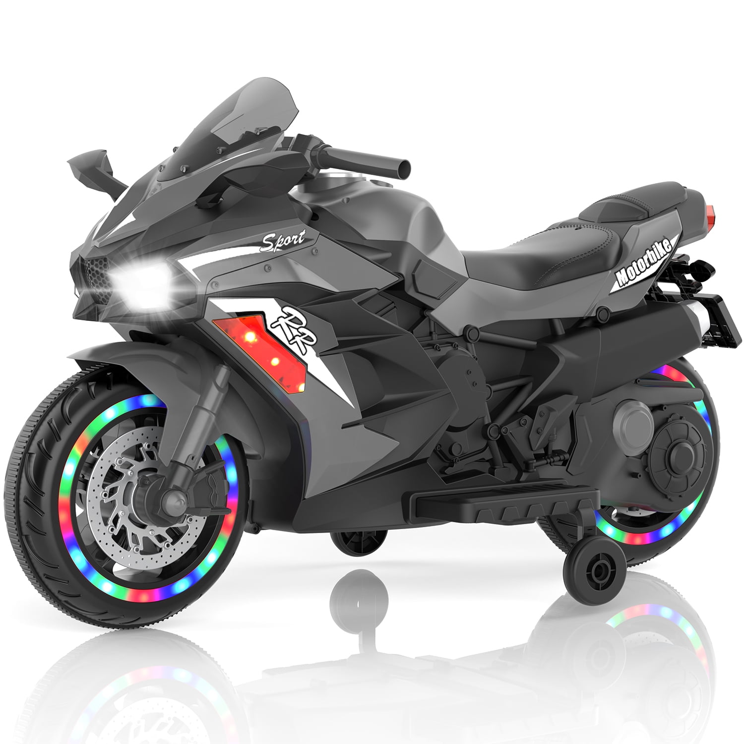 Werseon 12V Motorcycle Ride on Toy for Kids Ages 3+, Rechargeable Motorcycle with LED Light & Training Wheels, up to 90lbs, Gray