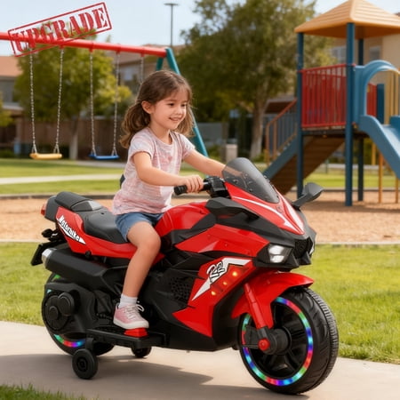 Werseon 12V Motorcycle for Kids, Battery Powered Ride-on Toy with Lights, Sounds, Training Wheels, Bluetooth, Ages 3+, Red