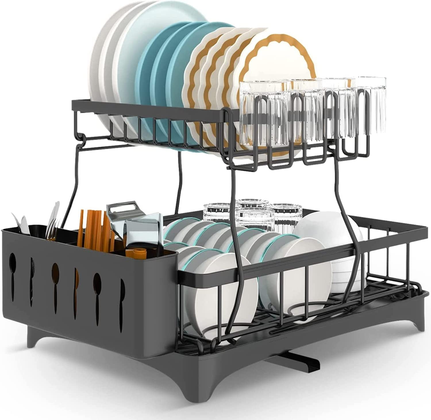 Wahopy Heavy Duty 2 Tier Dish Drying Rack with Drainboard for Kitchen  Counter, Stainless Steel Dish Drying Rack with Cups, Forks, Knives, Utensil