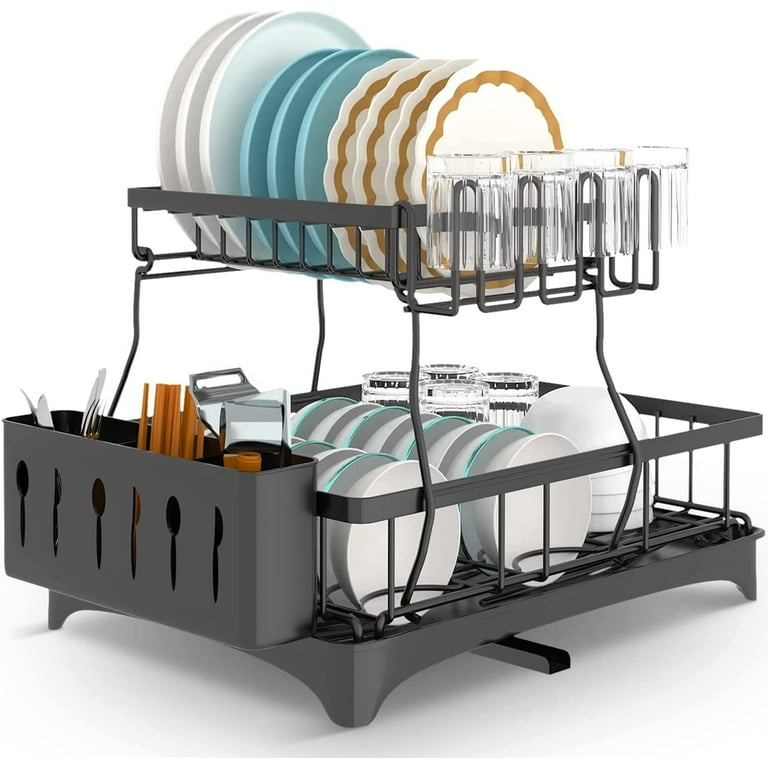 Werseon 2 Tier Drying Dish Rack for Kitchen Counter, Dish Drainboard Set  with Cutlery Holder and 4 Cup Holder 