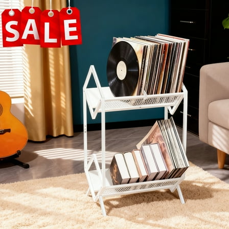 Werseon 2-Tier Vinyl Record Storage Holder, Modern Metal Storage Rack, Display Shelf Organizer for Albums, Magazine, Book, Files, White