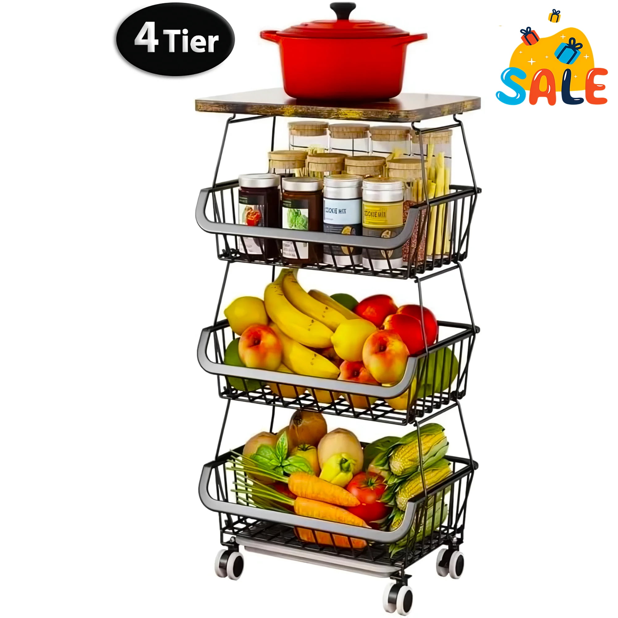 Werseon 4 Tier Fruit Storage Basket, Fruit Vegetable Cart with Solid Wood, Kitchen Storage Rack with Rollers for Pantry