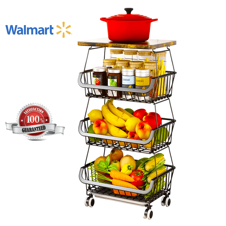 Werseon 4 Tier Fruit Vegetable Storage Basket, Fruit Vegetable Cart with Solid Wood, Kitchen Storage Rack with Rollers for Pantry, Black
