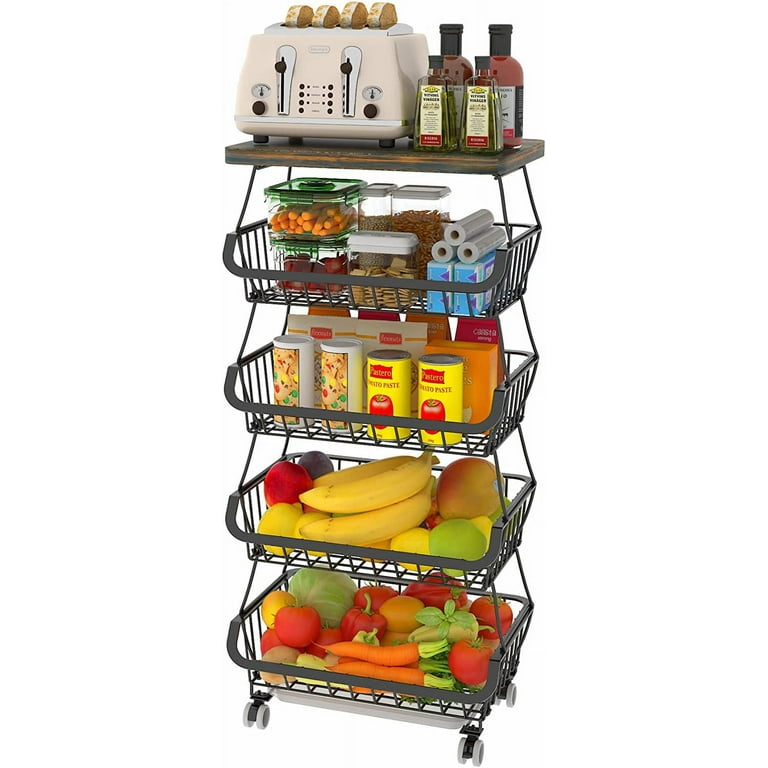 1pc Fruit Vegetable Storage Basket For Kitchen 3/4/5 Tiers Stackable Metal  Wire Baskets Cart With Rolling Wheels Utility Fruits Rack Produce Snack Org