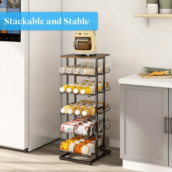 Werseon 6 Tier Water Bottle Rack with Wooden Tabletop, Freestanding Metal Beverage Dispenser Rack, Vertical Bottle Organizer Stand for Kitchen Pantry Food Storage