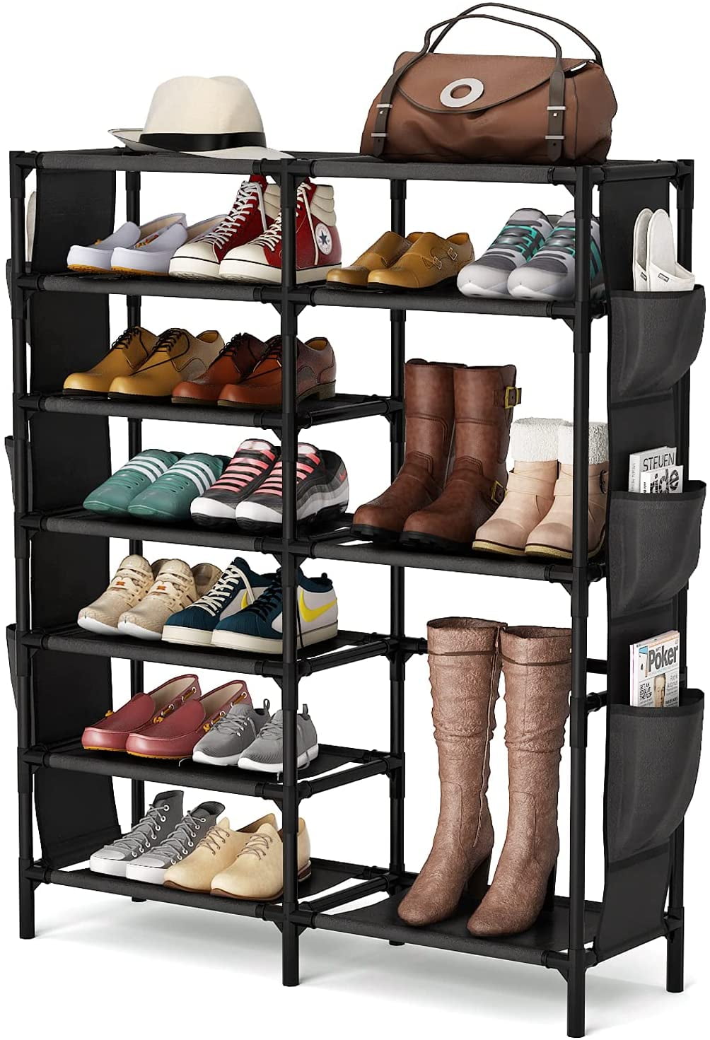 Werseon 7 Tiers Shoe Rack 18-24 Pairs Stackable Boots Shoe Storage Organizer  for Entryway with Side Pocket, Black 