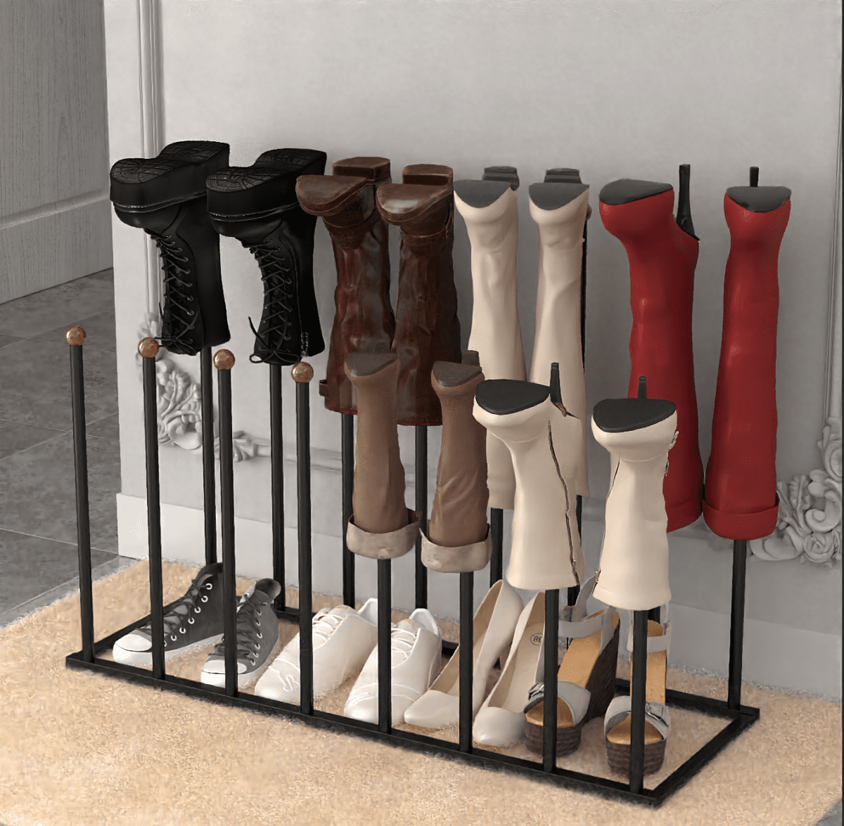 WELLAND 2-Tier Boot Storage Rack for Tall Boots and Shoes Holder 8 Pairs,  White Washed
