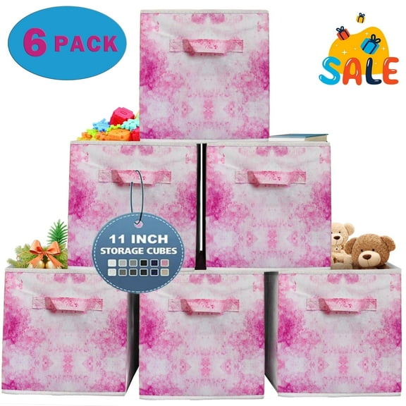 Werseon Collapsible Fabric Cube Storage Bin, 11" Foldable Storage Cubes Organizers with Handles, 6 Pack, Pink