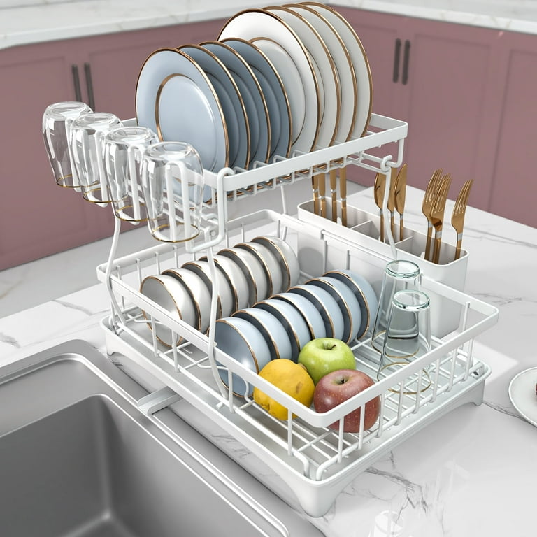  Vasysvi Dish Drying Rack with Drainboard for Kitchen Counter,2  Tier Dish Drainer Set with Utensils Holder Large Capacity Dish Rack with Drying  Mat