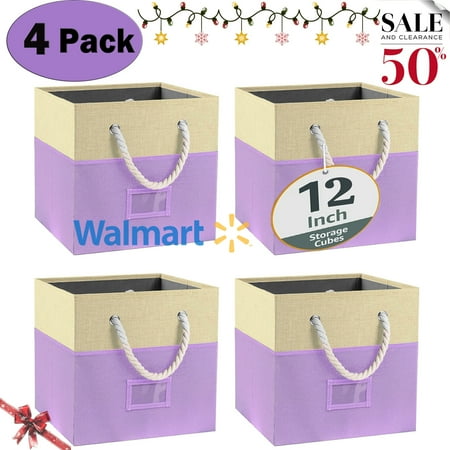 Werseon 12" Collapsible Fabric Cube Storage Bin, 4 Pack Foldable Storage Cubes Bins with Rope Handles & Label Holder for Closet, Toy Storage, Shelves, Purple