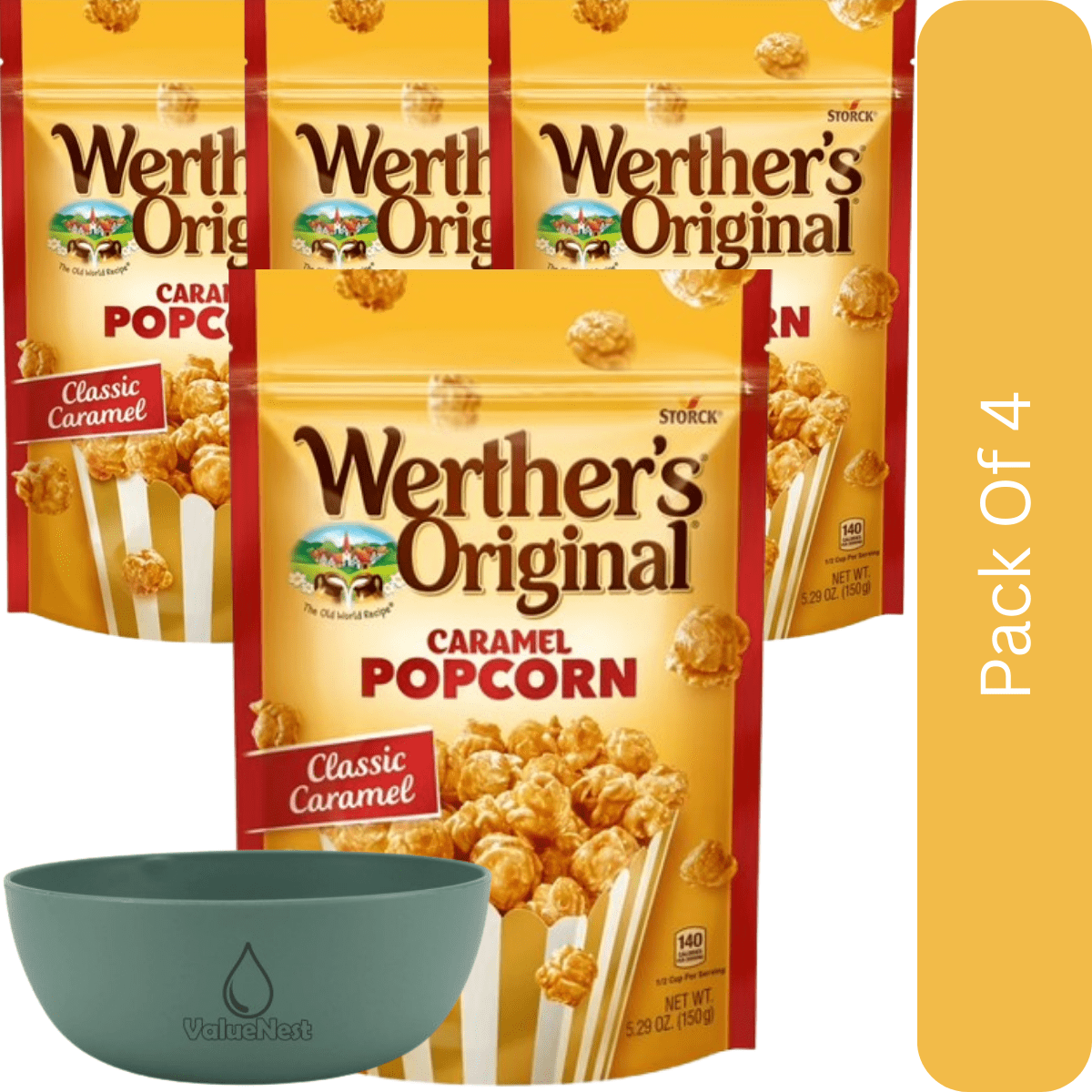 Werther's Original Caramel Popcorn, Classic Caramel, 5.29 oz-4pk, With Olive Green Bowl By ValueNest