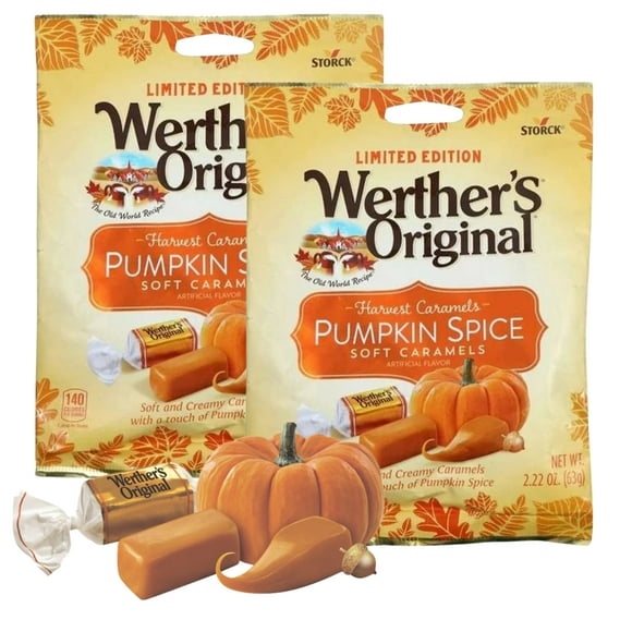 Werther's Original Pumpkin Spice Soft Caramel Made with Butter Fresh Cream for Kids Snacks Dessert Candy Bowl Movie Nights Autumn Fall Birthday Holiday Party Favor 2.22oz (Pack of 2) with Oggetto