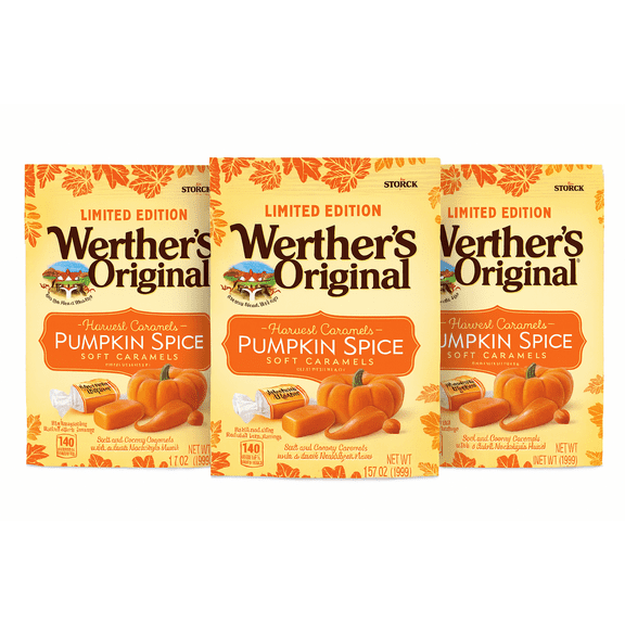 Werthers Original Pumpkin Spice Soft Caramels, 2.2 oz Bags, 3-Pack | Limited Edition Fall Candy | Creamy Harvest Caramels Made with Real Butter & Fresh Cream