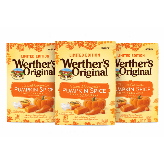 Werther’s Original Pumpkin Spice Soft Caramels, 2.2 oz Bags, 3-Pack | Limited Edition Fall Candy | Creamy Harvest Caramels Made with Real Butter & Fresh Cream