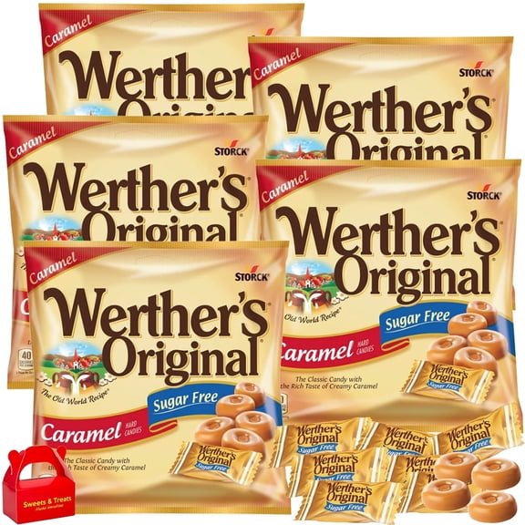 Werther's Original Sugar Free Caramel Hard Candy 5 Bags | Individually Wrapped Rich & Creamy Caramel Flavor | Guilt-Free Treat for Diabetic Friendly Snack 7.3 oz Total