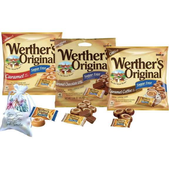 Werther’s Original Sugar Free Hard Candy Bundle – 3 Flavors (Coffee, Chocolate, Caramel), 3 Bags (1.46 oz Each) | Holiday Candy, Office Snacks, Gift Dish Treats