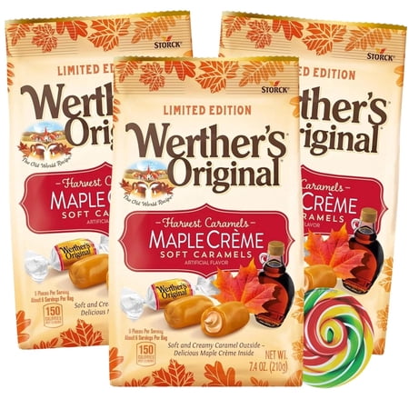 Werthers Original Maple Creme Soft Caramels, Fall Candy Bowl Fillers, Pack of 3, 7.4 Ounces per Bag