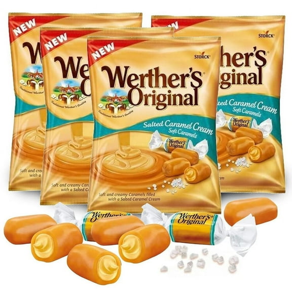 Werthers Original Salted Caramel Candy, Pack of 4 - Individually Wrapped Werther Soft Caramel, Werthers Caramel Filled Candy, Soft Chews Candy, Soft Candy, Caramel Creams, Salt Caramel