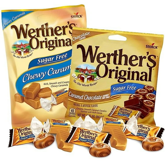 Werthers Sugar Free Caramel Candy, Candy Bowl Fillers, Pack of 2, 1 of Each, 2.3 Ounces per Bag