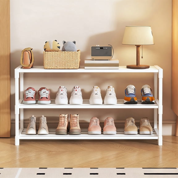 Werulen 17.7 In Long Shoe Storage Shelf, Under Bed Shoe Rack, Stackable Tiered Shoe Storage Shelf Set, Space Saving Shoe Organizer for Closet, Entryway and Under Bed Use(3 Tier,White)