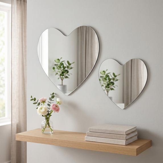 Werulen 2Pcs Heart Shaped HD Explosion Proof Self Adhesive Mirror, Frameless Stick On for Bathroom Vanity Home Wall Decor, Wall Mirror, Bathroom Mirror, Self Stick Mirror