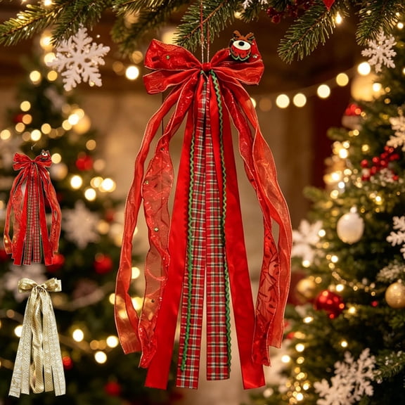 Werulen 2Pcs Long Stream Ribbon Bow Hanging Pendant, Store Window Xmas Vertical Embellishment, Bow Ornament, Window Hanging, Winter Festive Decor