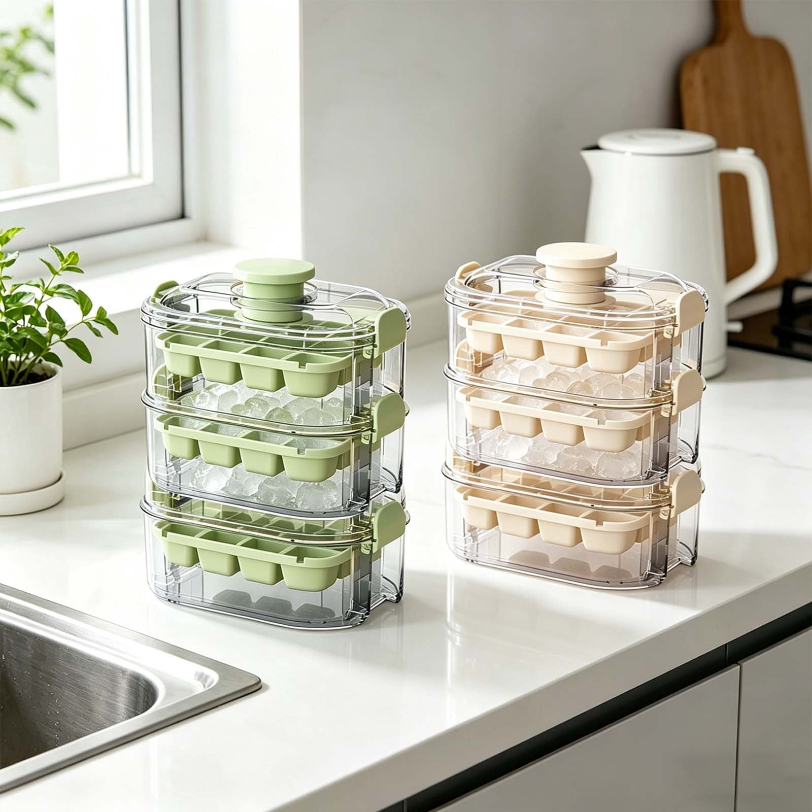 Werulen 2Pcs Three Layer Press Ice Tray Large Capacity Stackable,Home Kitchen Freezer Ice Making Storage,Ice Maker,Freezer Tray,Chilling Accessory